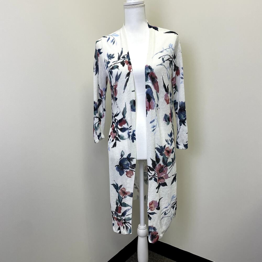 J.Jill Watercolor Floral  Linen Blend Knit Open Front Long Cardigan  S